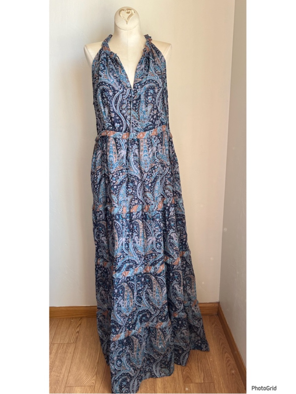 Caroline Constas Navy Paisley Cotton Maxi Dress Small